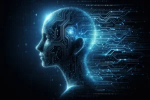 DALL·E 2024-02-24 11.18.25 – Create an image that captures the essence of a human silhouette merging with digital, technological elements, evoking a sense of advanced artificial i